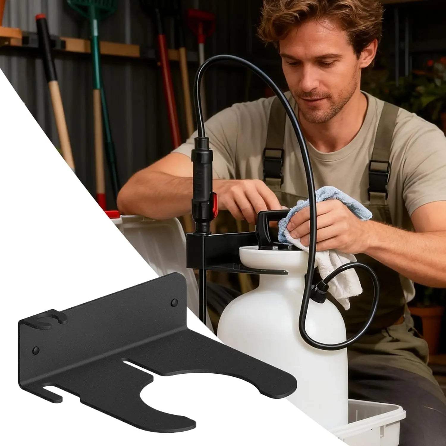 2Pcs Wall Mounted Spray Bottle Holder - Lightweight Tool Organizer with Multi-Function Hooks (Wall, Home Organizer, Hose), Zoned Storage Bracket for Garage, Lawn Care Outdoor Tool Hold Use