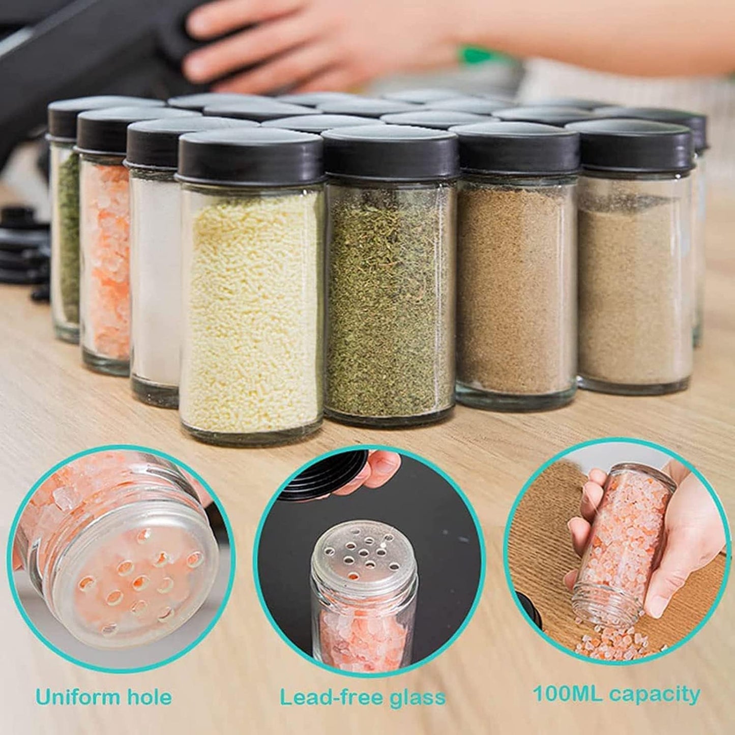 Ferris Wheel Spice Rack Set with 18 Glass Jars and Labels - 360° Rotating Seasoning Organizer for Kitchen Countertops and Cabinets, Customizable Storage with Funnel and Rust-Resistant Base
