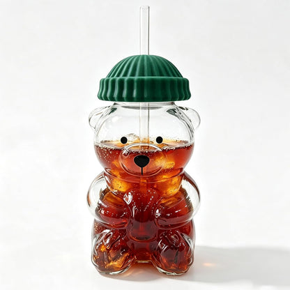 Cute Bear Glass Cup with Straw & Lid, 20Oz Glass Water Bottle for Cold/Hot Drinks, Cute Bear Pattern Mug, Christmas Day Birthday Gift (Green)