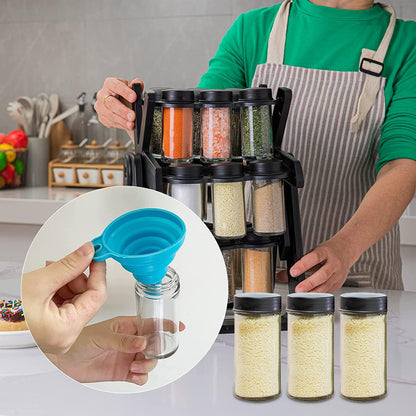 Ferris Wheel Spice Rack Set with 18 Glass Jars and Labels - 360° Rotating Seasoning Organizer for Kitchen Countertops and Cabinets, Customizable Storage with Funnel and Rust-Resistant Base