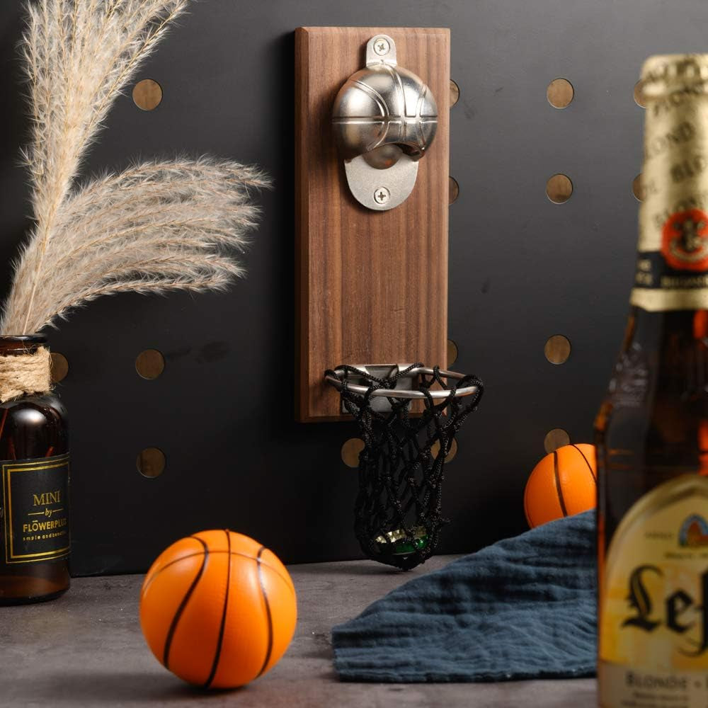 Magnetic Basketball Bottle Opener, Wooden Wall Mounted Opener with Cap Collector Catcher, Ideal Gift for Basketball and Beer Lovers, Use as Kitchen-Yard-Bar Decoration