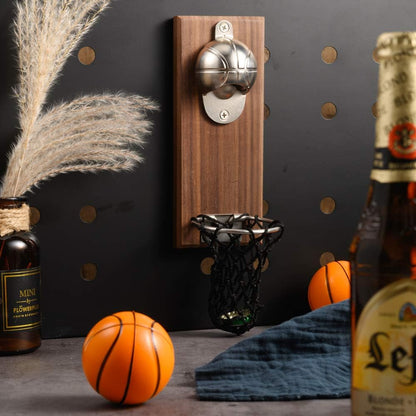Magnetic Basketball Bottle Opener, Wooden Wall Mounted Opener with Cap Collector Catcher, Ideal Gift for Basketball and Beer Lovers, Use as Kitchen-Yard-Bar Decoration