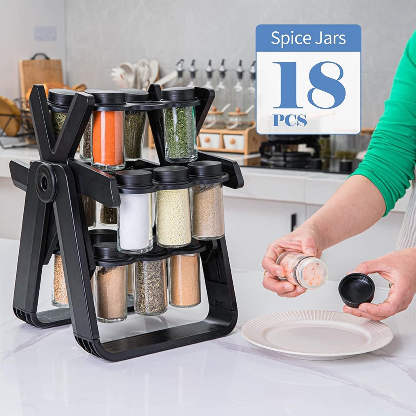 Ferris Wheel Spice Rack Set with 18 Glass Jars and Labels - 360° Rotating Seasoning Organizer for Kitchen Countertops and Cabinets, Customizable Storage with Funnel and Rust-Resistant Base