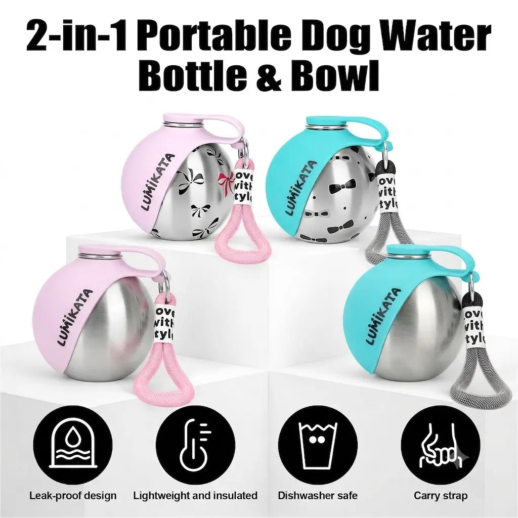 Lumikata 2-in-1 Portable Dog Water Bottle with 10oz Stainless Steel and Silicone Foldable Bowl - Leak-Proof Design for Small Dogs and Pet Feeding Supplies