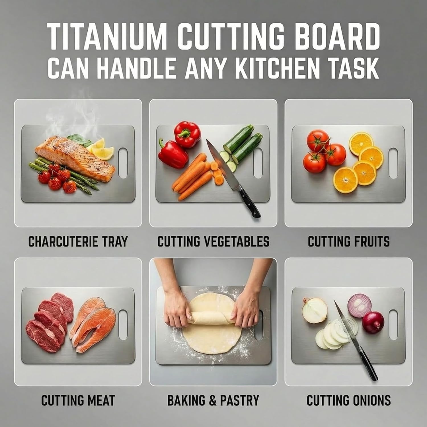 Titanium Cutting Board - 100% Pure Titanium Cutting Boards, Food-Grade, Non-Slip Surface, Dishwasher Safe, for Elegant Serving Tray for Kitchen, Charcuterie, Meat, Vegetables, Easy Clean, 13.4"X9"
