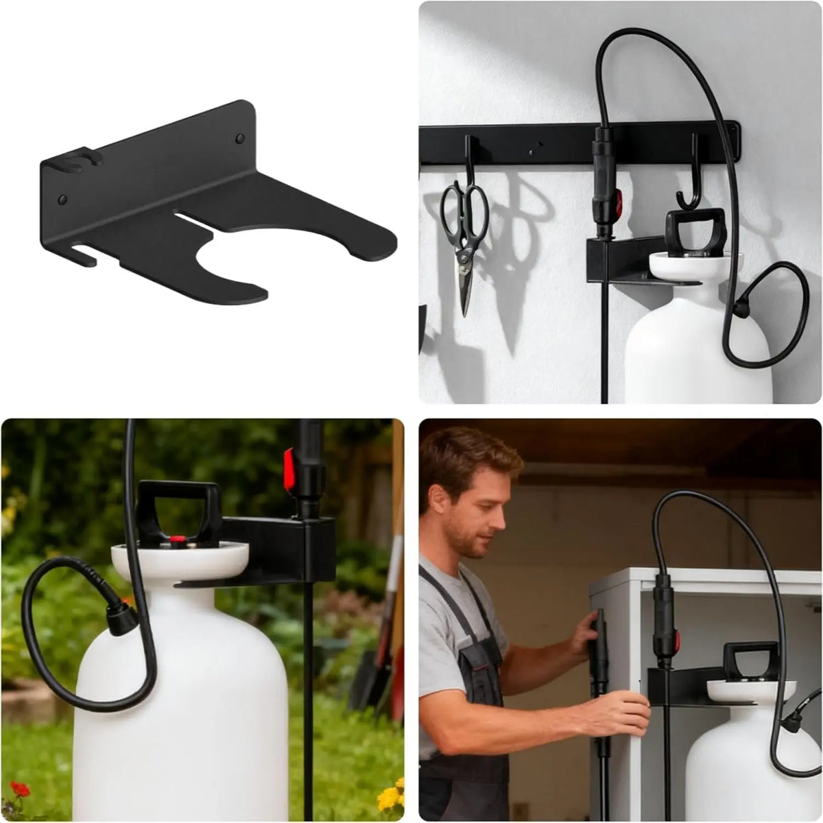 2Pcs Wall Mounted Spray Bottle Holder - Lightweight Tool Organizer with Multi-Function Hooks (Wall, Home Organizer, Hose), Zoned Storage Bracket for Garage, Lawn Care Outdoor Tool Hold Use