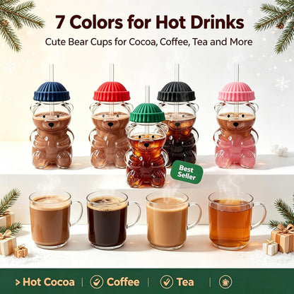 Cute Bear Glass Cup with Straw & Lid, 20Oz Glass Water Bottle for Cold/Hot Drinks, Cute Bear Pattern Mug, Christmas Day Birthday Gift (Green)