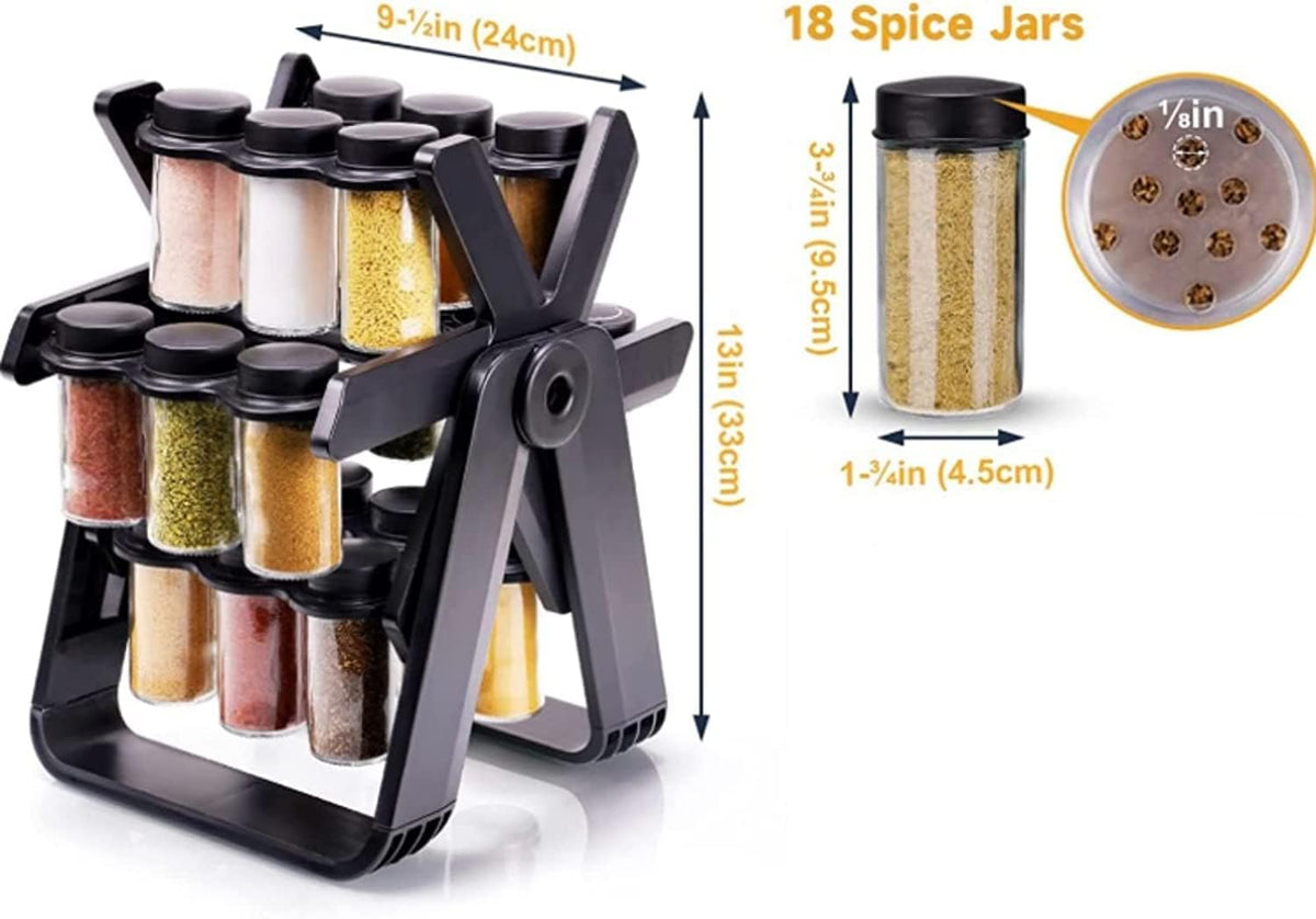 Ferris Wheel Spice Rack Set with 18 Glass Jars and Labels - 360° Rotating Seasoning Organizer for Kitchen Countertops and Cabinets, Customizable Storage with Funnel and Rust-Resistant Base