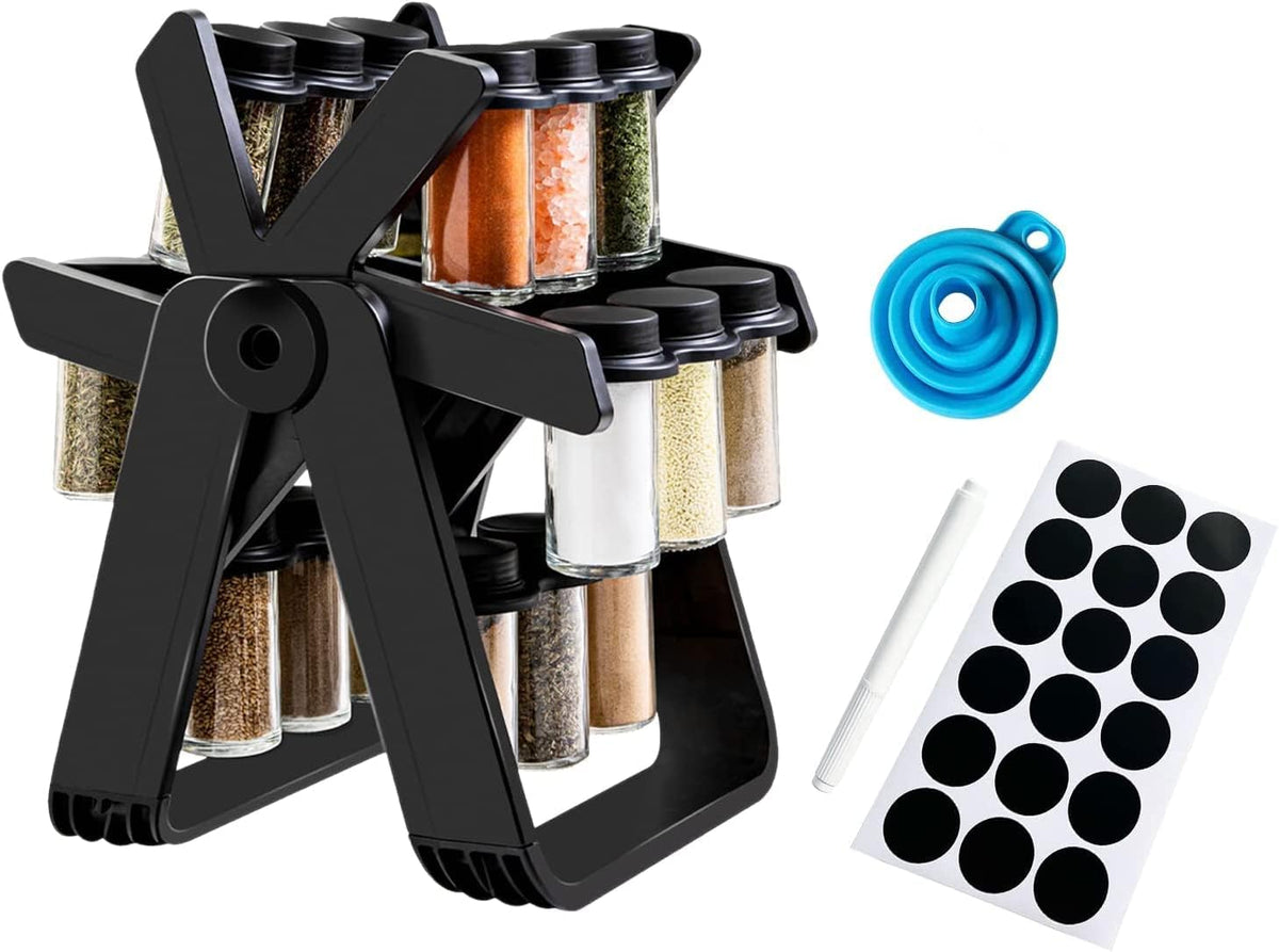 Ferris Wheel Spice Rack Set with 18 Glass Jars and Labels - 360° Rotating Seasoning Organizer for Kitchen Countertops and Cabinets, Customizable Storage with Funnel and Rust-Resistant Base