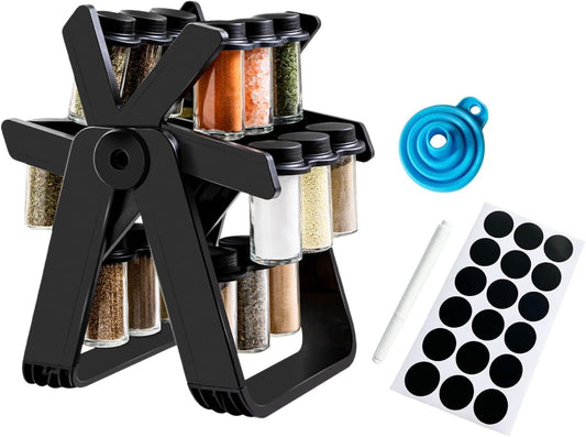 Ferris Wheel Spice Rack Set with 18 Glass Jars and Labels - 360° Rotating Seasoning Organizer for Kitchen Countertops and Cabinets, Customizable Storage with Funnel and Rust-Resistant Base