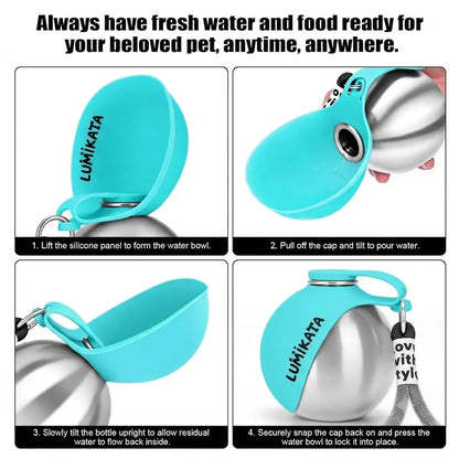 Lumikata 2-in-1 Portable Dog Water Bottle with 10oz Stainless Steel and Silicone Foldable Bowl - Leak-Proof Design for Small Dogs and Pet Feeding Supplies